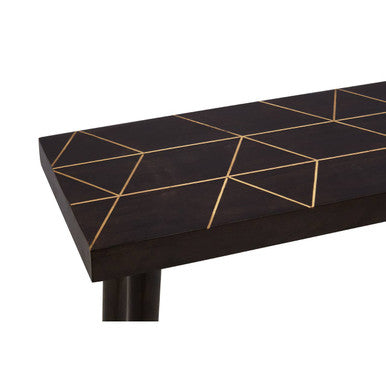 Brown Mango Wood Rectangular Console Table with Gold Tip Legs and Geometric Gold Lines on Top, Naro