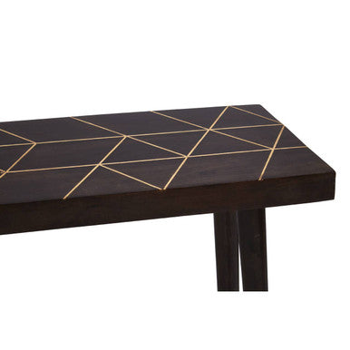 Brown Mango Wood Rectangular Console Table with Gold Tip Legs and Geometric Gold Lines on Top, Naro