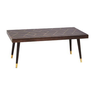 Brown Mango Wood Rectangular Coffee Table with Gold Tip Legs and Geometric Gold Lines on Top, Naro