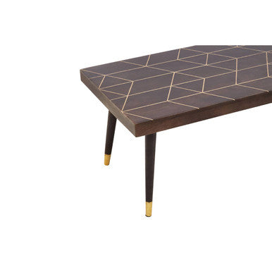 Brown Mango Wood Rectangular Coffee Table with Gold Tip Legs and Geometric Gold Lines on Top, Naro
