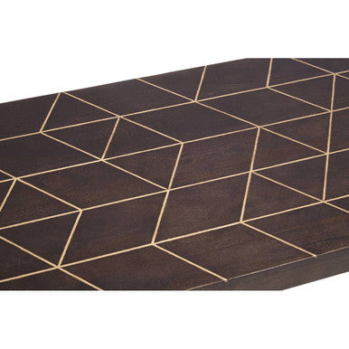 Brown Mango Wood Rectangular Coffee Table with Gold Tip Legs and Geometric Gold Lines on Top, Naro