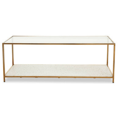 Glass Top Coffee Table with White Terrazzo Effect Shelf and Gold Metal Frame, Novi
