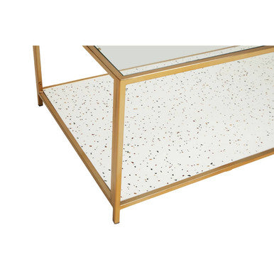 Glass Top Coffee Table with White Terrazzo Effect Shelf and Gold Metal Frame, Novi