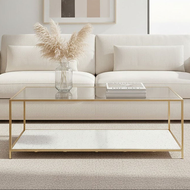 Glass Top Coffee Table with White Terrazzo Effect Shelf and Gold Metal Frame, Novi
