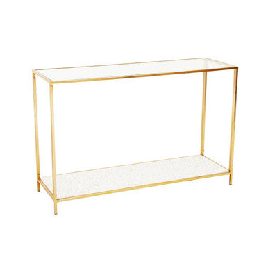 Glass Top Console Table with White Terrazzo Effect Shelf and Gold Metal Frame, Novi
