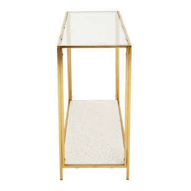 Glass Top Console Table with White Terrazzo Effect Shelf and Gold Metal Frame, Novi