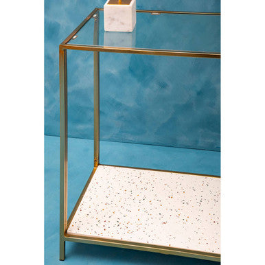 Glass Top Console Table with White Terrazzo Effect Shelf and Gold Metal Frame, Novi