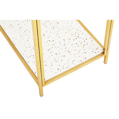 Glass Top Console Table with White Terrazzo Effect Shelf and Gold Metal Frame, Novi