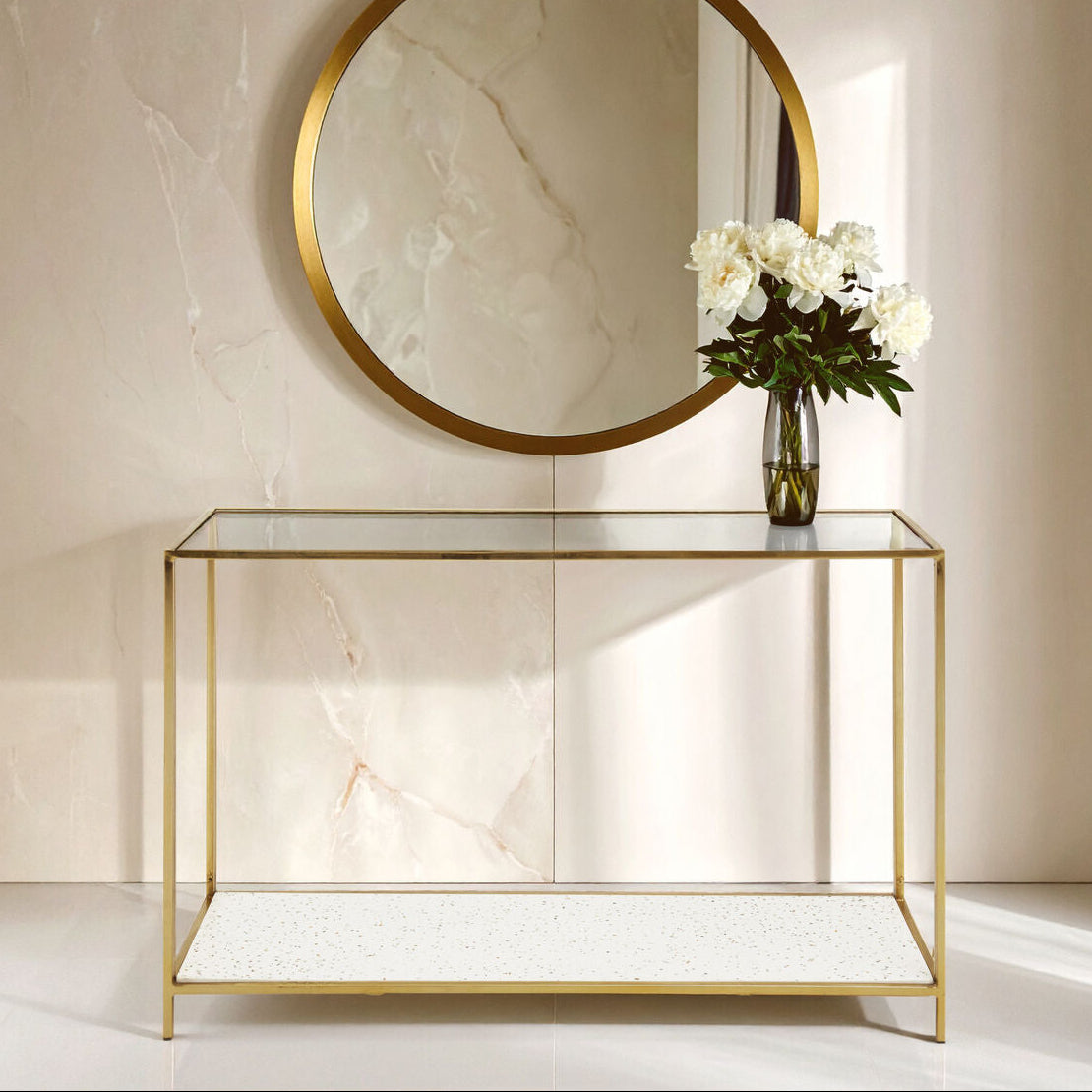 Glass Top Console Table with White Terrazzo Effect Shelf and Gold Metal Frame, Novi