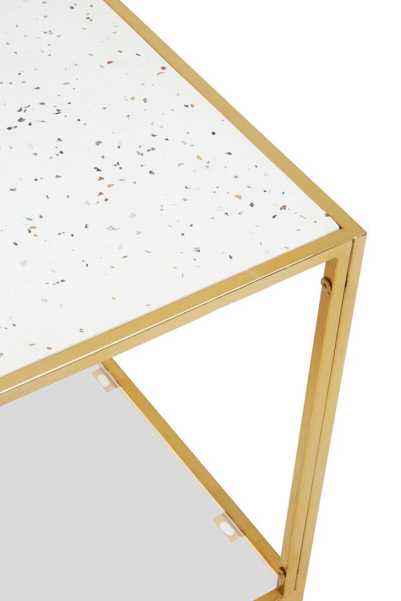 Glass Top Side Table with White Terrazzo Effect Shelf and Gold Metal Frame, Novi