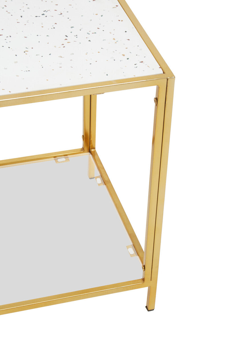 Glass Top Side Table with White Terrazzo Effect Shelf and Gold Metal Frame, Novi