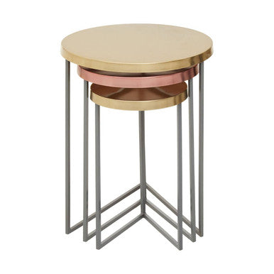 Set of 3 Nesting Side Tables with Warm Metallic Round Tops and Grey Metal Bases, Korba