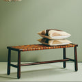 Inca Tan Leather Lattice Design Bench with Wood Frame