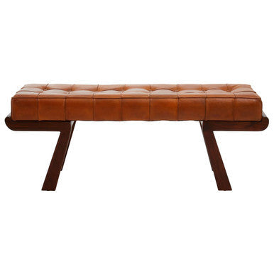 Inca Brown Genuine Leather Bench with Cedar Wood Angular Base