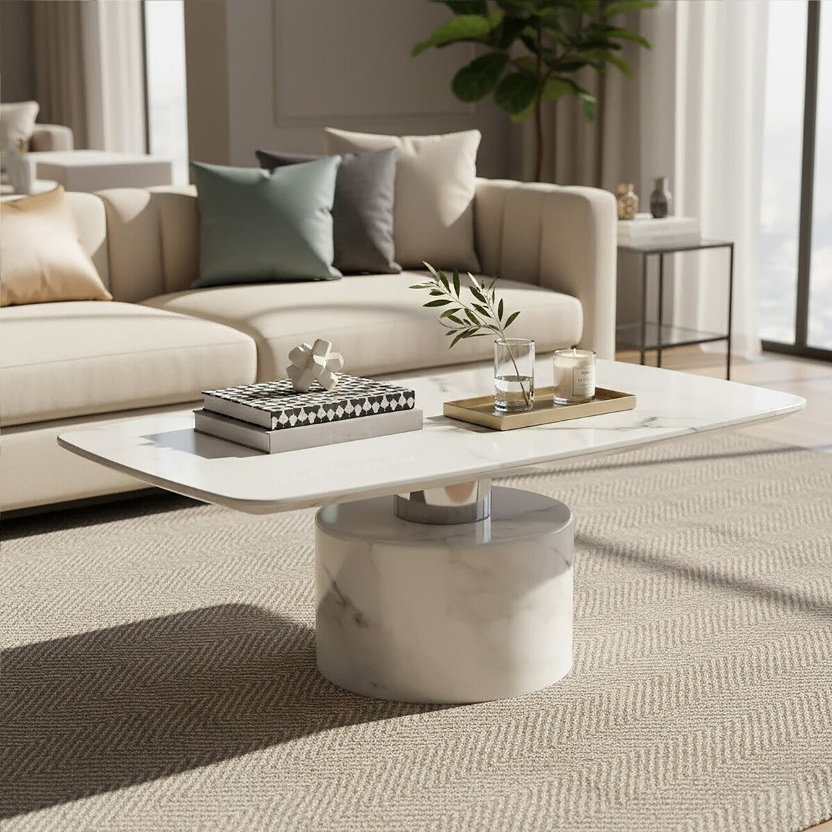 White Marble Coffee Table with Stainless Steel Support, Sesto