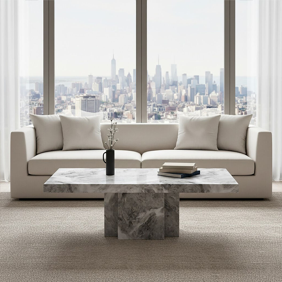 Grey Marble Top Coffee Table with Pedestal Base and Silver Metal Trim, Saronno