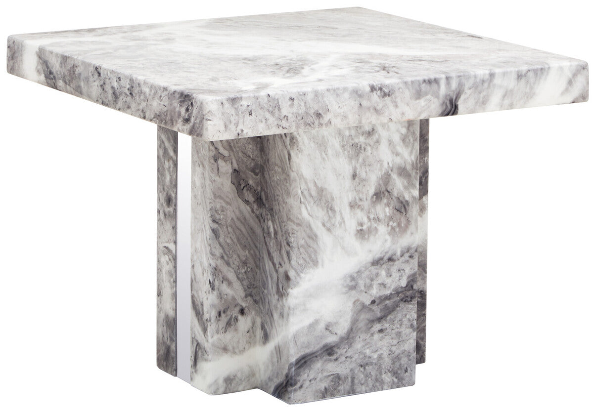 Grey Marble Top Side Table with Pedestal Base and Silver Stainless Steel Detailing, Saronno