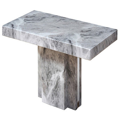 Grey Marble Top Side Table with Pedestal Base and Silver Stainless Steel Detailing, Saronno