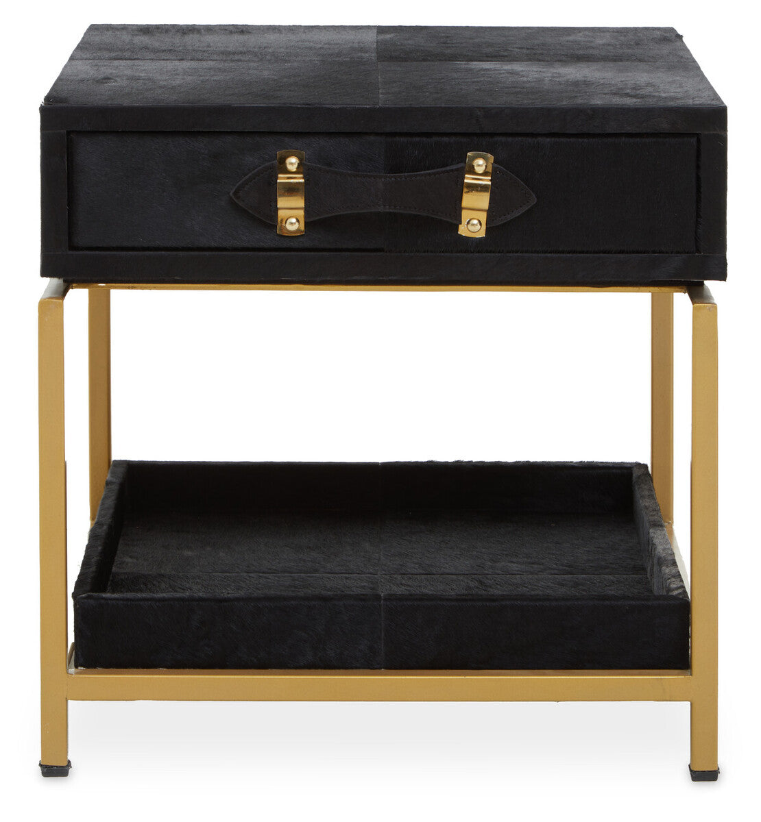 Black Hair-On-Hide Leather Bedside Table with Gold Metal Frame and 1 Drawer, Kensington Townhouse