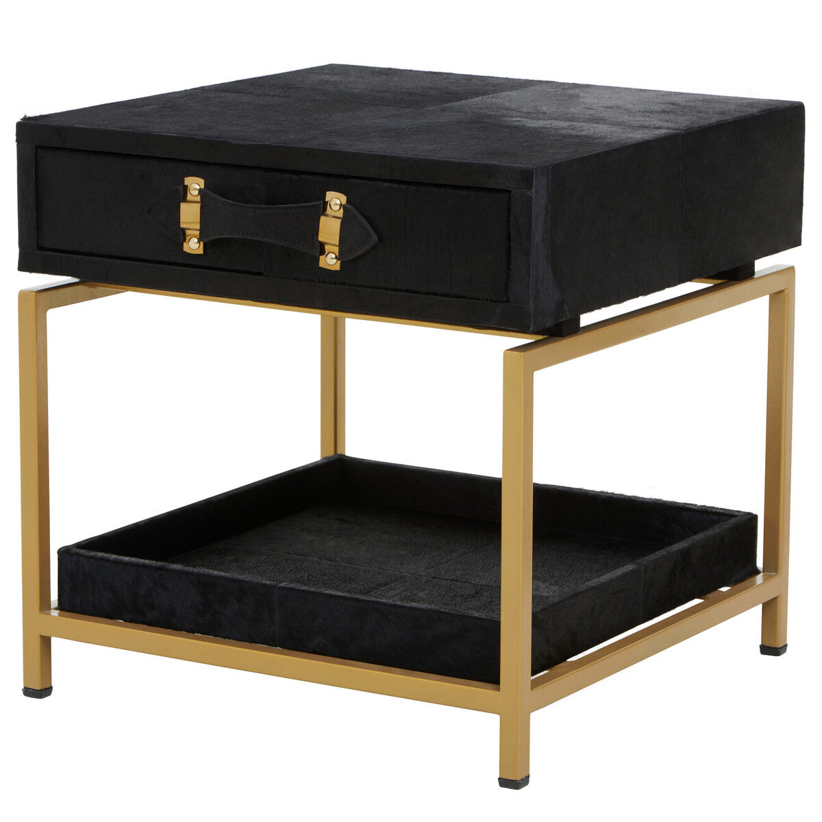 Black Hair-On-Hide Leather Bedside Table with Gold Metal Frame and 1 Drawer, Kensington Townhouse
