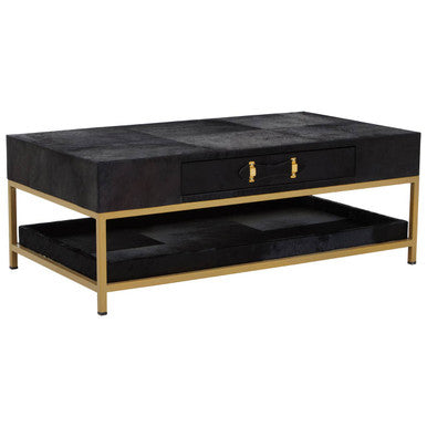 Black Hair-On-Hide Leather Coffee Table with Gold Metal Frame and Storage Drawer | Kensington Townhouse