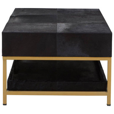 Black Hair-On-Hide Leather Coffee Table with Gold Metal Frame and Storage Drawer | Kensington Townhouse