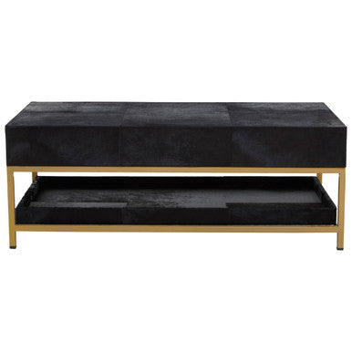 Black Hair-On-Hide Leather Coffee Table with Gold Metal Frame and Storage Drawer | Kensington Townhouse