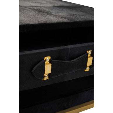 Black Hair-On-Hide Leather Coffee Table with Gold Metal Frame and Storage Drawer | Kensington Townhouse