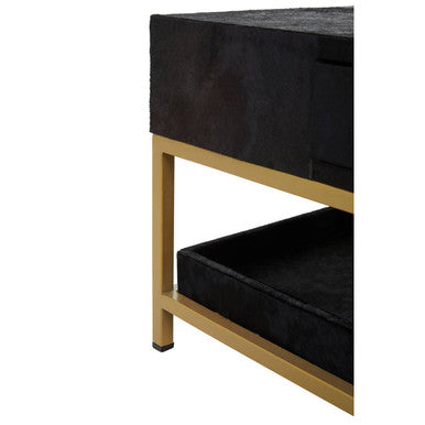 Black Hair-On-Hide Leather Coffee Table with Gold Metal Frame and Storage Drawer | Kensington Townhouse
