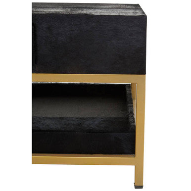 Black Hair-On-Hide Leather Coffee Table with Gold Metal Frame and Storage Drawer | Kensington Townhouse