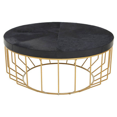Black Hair-On-Hide Leather Round Top Coffee Table with Geometric Gold Metal Frame, Kensington Townhouse