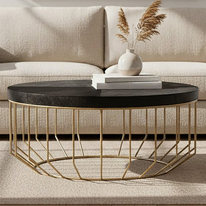 Black Hair-On-Hide Leather Round Top Coffee Table with Geometric Gold Metal Frame, Kensington Townhouse