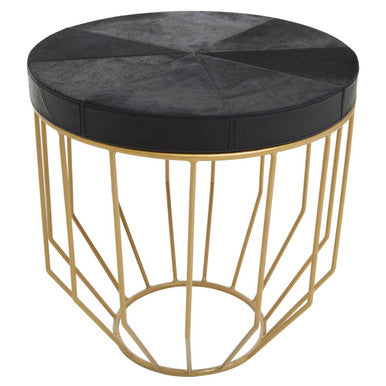 Black Hair-On-Hide Leather Round Top Side Table with Geometric Gold Metal Frame, Kensington Townhouse