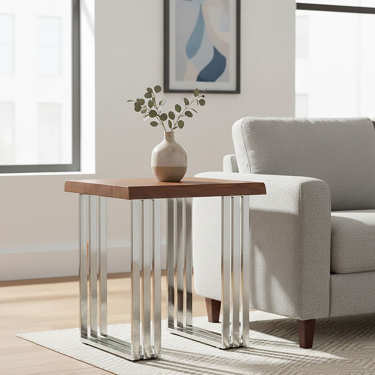 Natural Wooden Top Small Console Table with Silver Looped Stainless Steel Base, Hampstead