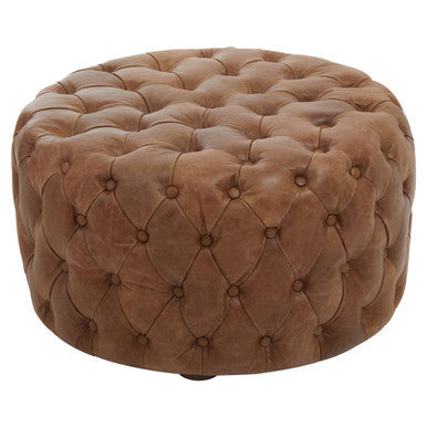 Hoxton Brown Genuine Leather Ottoman with Button Tufting