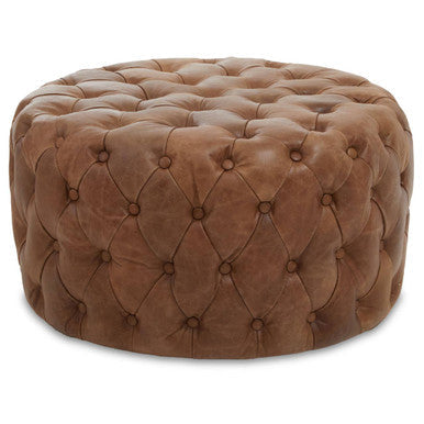 Hoxton Brown Genuine Leather Ottoman with Button Tufting