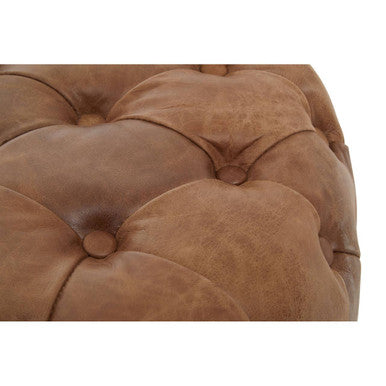 Hoxton Brown Genuine Leather Ottoman with Button Tufting