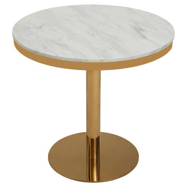 White Marble Round Top Dining Table with Luxe Gold Finish Pedestal Base, Azalea