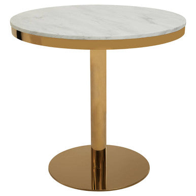 White Marble Round Top Dining Table with Luxe Gold Finish Pedestal Base, Azalea