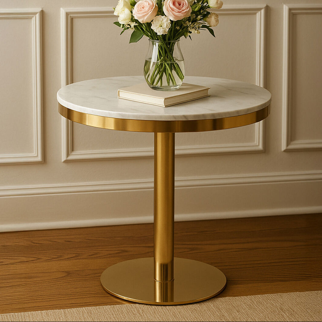 White Marble Round Top Dining Table with Luxe Gold Finish Pedestal Base, Azalea