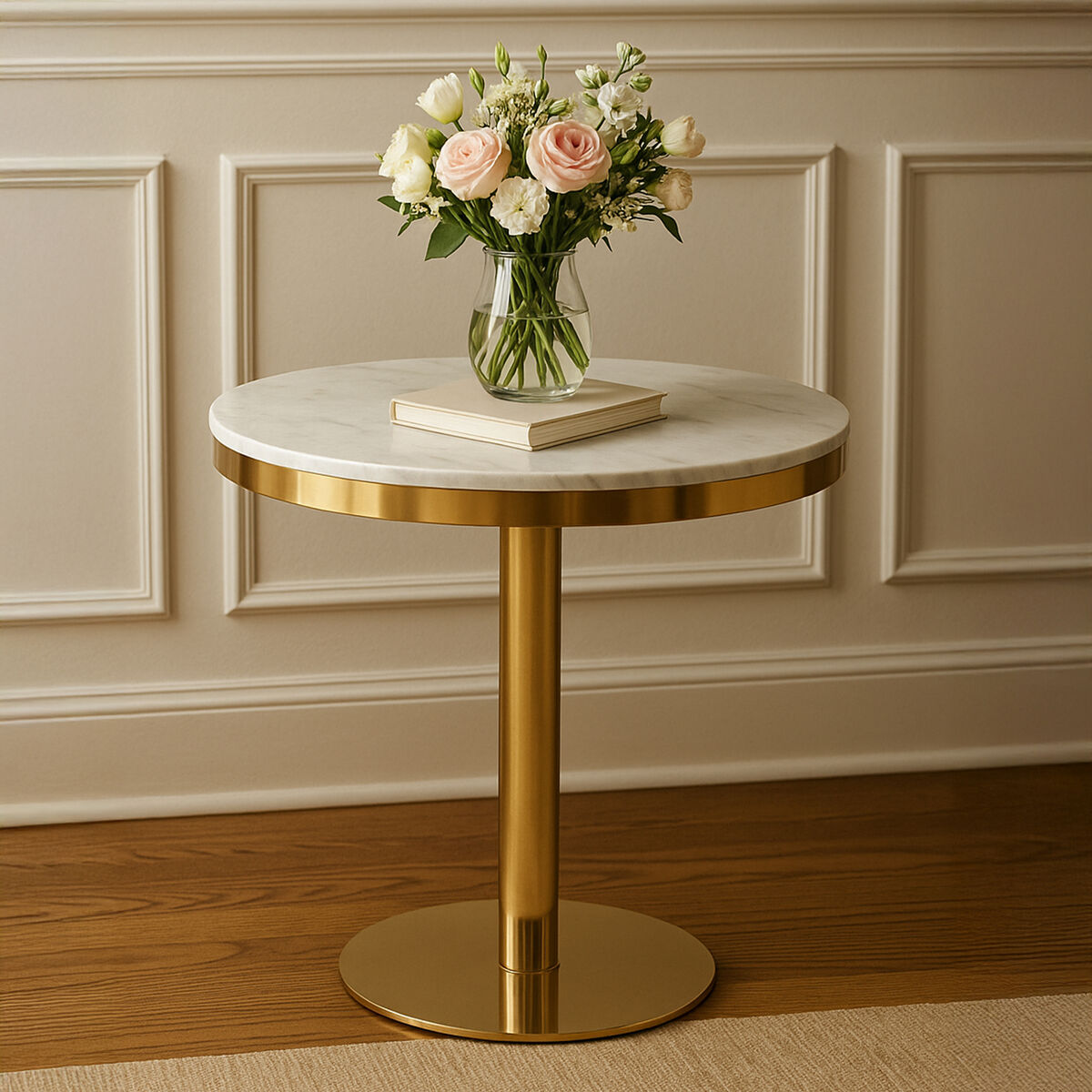 White Marble Round Top Dining Table with Luxe Gold Finish Pedestal Base, Azalea