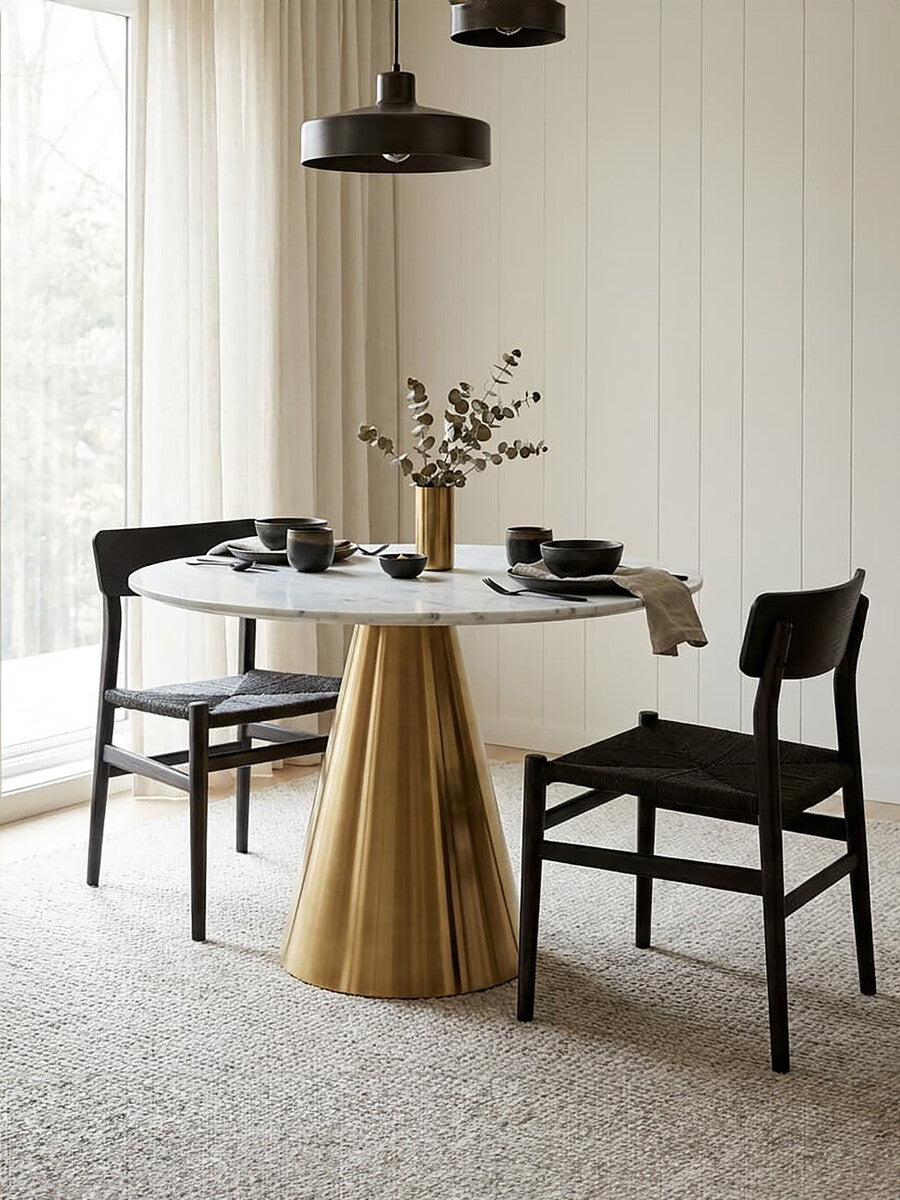 White Marble Top Round Dining Table with Gold Finish Conical Base, Azalea