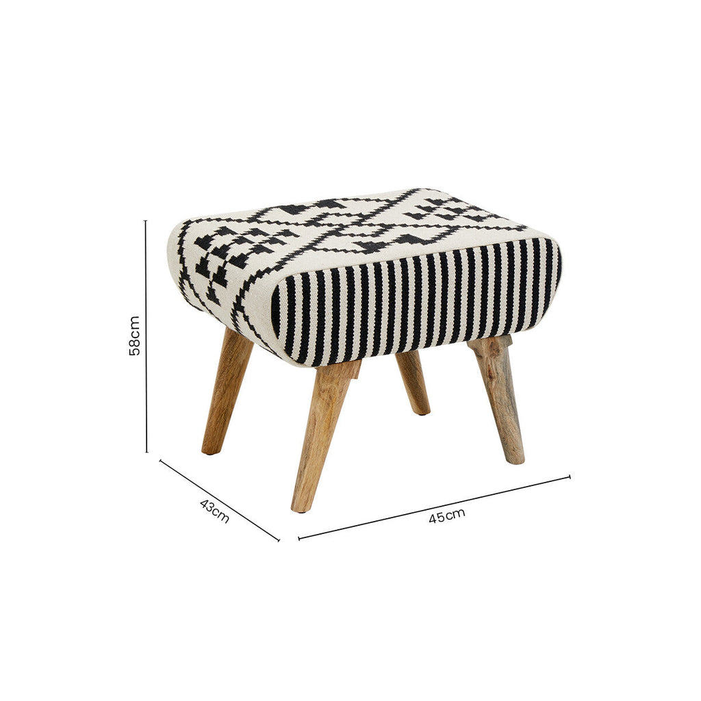 Cefena Black and White Cotton Footstool with Berber Style