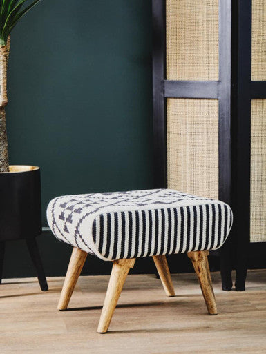 Cefena Black and White Cotton Footstool with Berber Style
