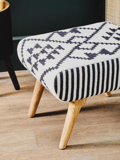 Cefena Black and White Cotton Footstool with Berber Style