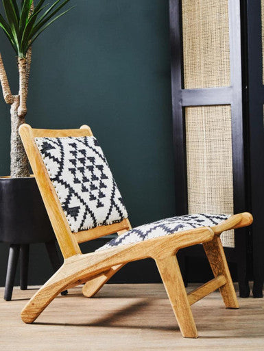 Cefena Black and White Berber Style Lounge Chair with Mango Wood Frame