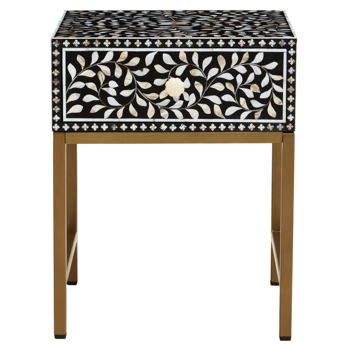 Black Wood Inlay 1-Drawer Side Table with Floral Handle and Gold Metal Finish Base, Fusion
