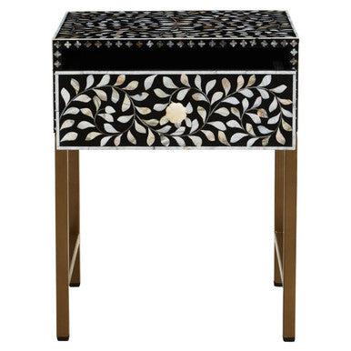 Black Wood Inlay 1-Drawer Side Table with Floral Handle and Gold Metal Finish Base, Fusion