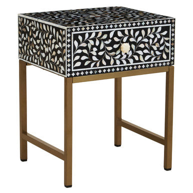 Black Wood Inlay 1-Drawer Side Table with Floral Handle and Gold Metal Finish Base, Fusion