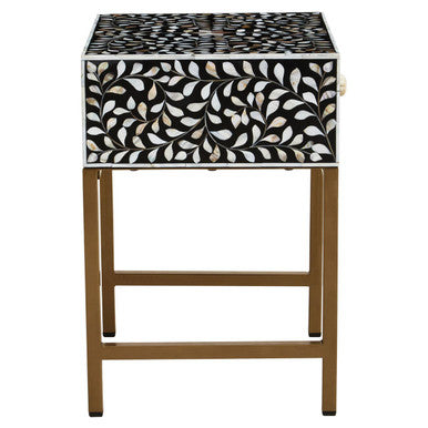 Black Wood Inlay 1-Drawer Side Table with Floral Handle and Gold Metal Finish Base, Fusion